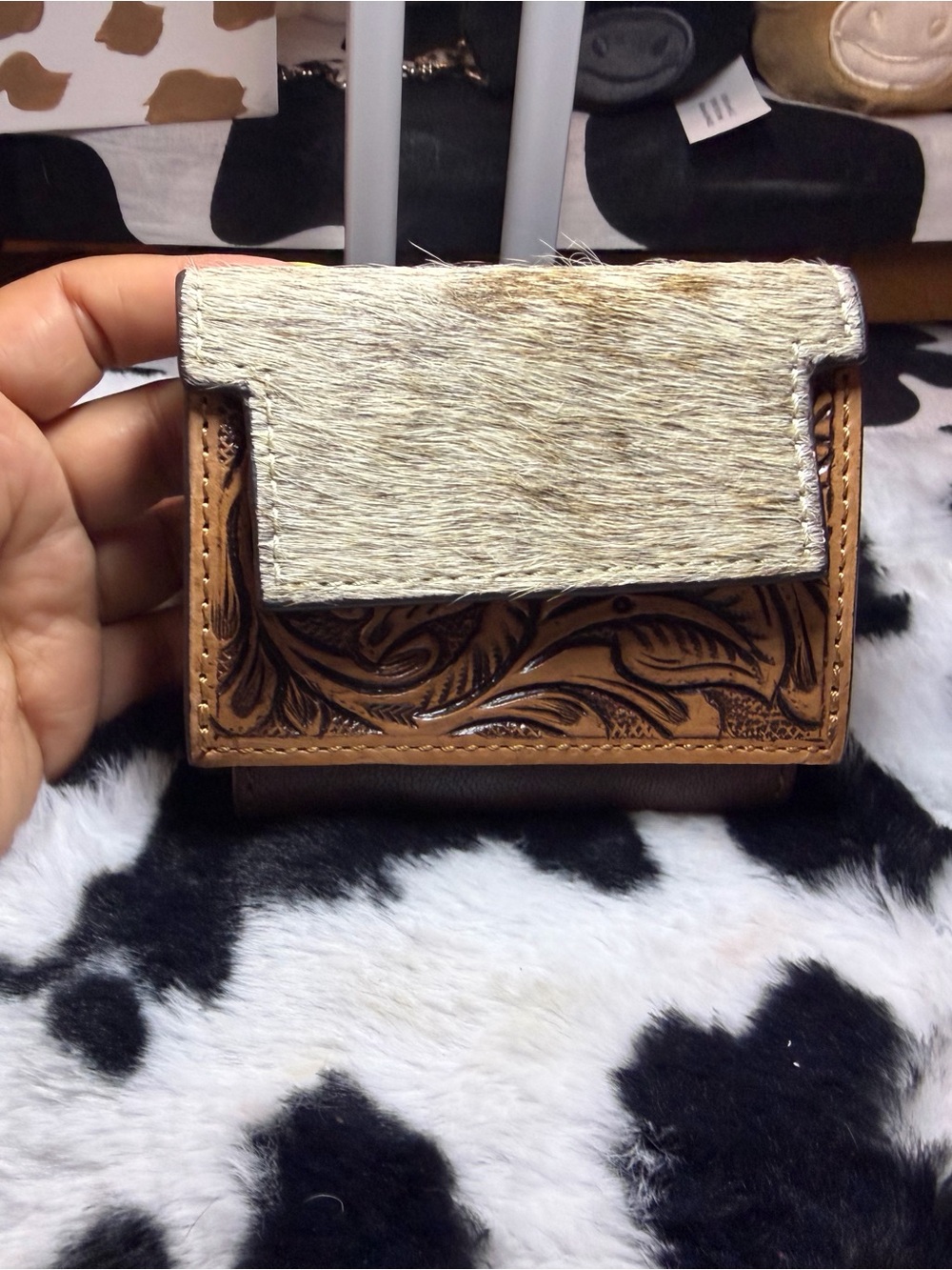 Handcrafted Brown Tooled Leather & Cream Hair-On Flap Crossbody Wallet